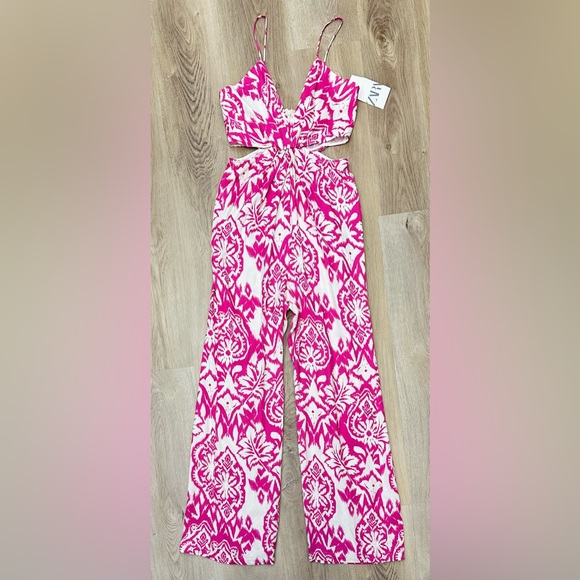 NWT Zara Pink and White Ikat Wide Leg Jumpsuit size S - Picture 4 of 9